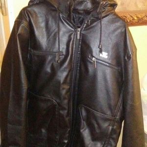 Faux leather jacket with removable hood